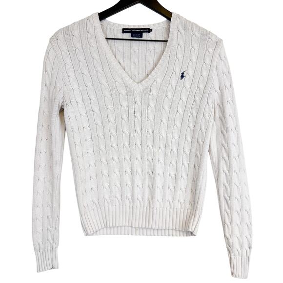 Ralph Lauren Sweaters - Ralph Lauren Sport Womens Cotton Cable Knit VNeck Sweater White - L